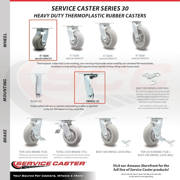 4 Inch SS Thermoplastic Rubber Caster Set With Roller Bearing 2 Swivel 2 Rigid